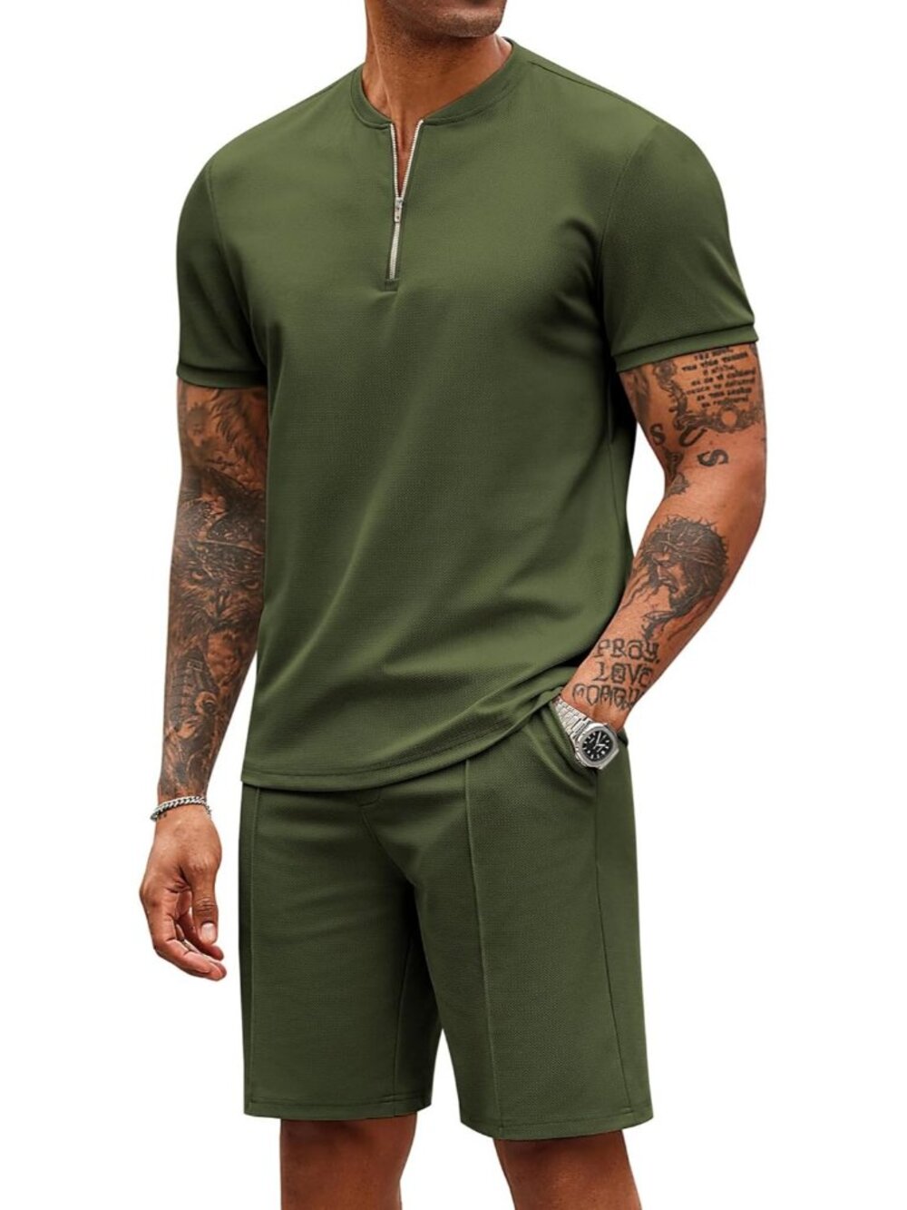 Coofandy Men's Army Green Polyester Shorts Zip Polo T Shirt 2 Pieces Tracksuit